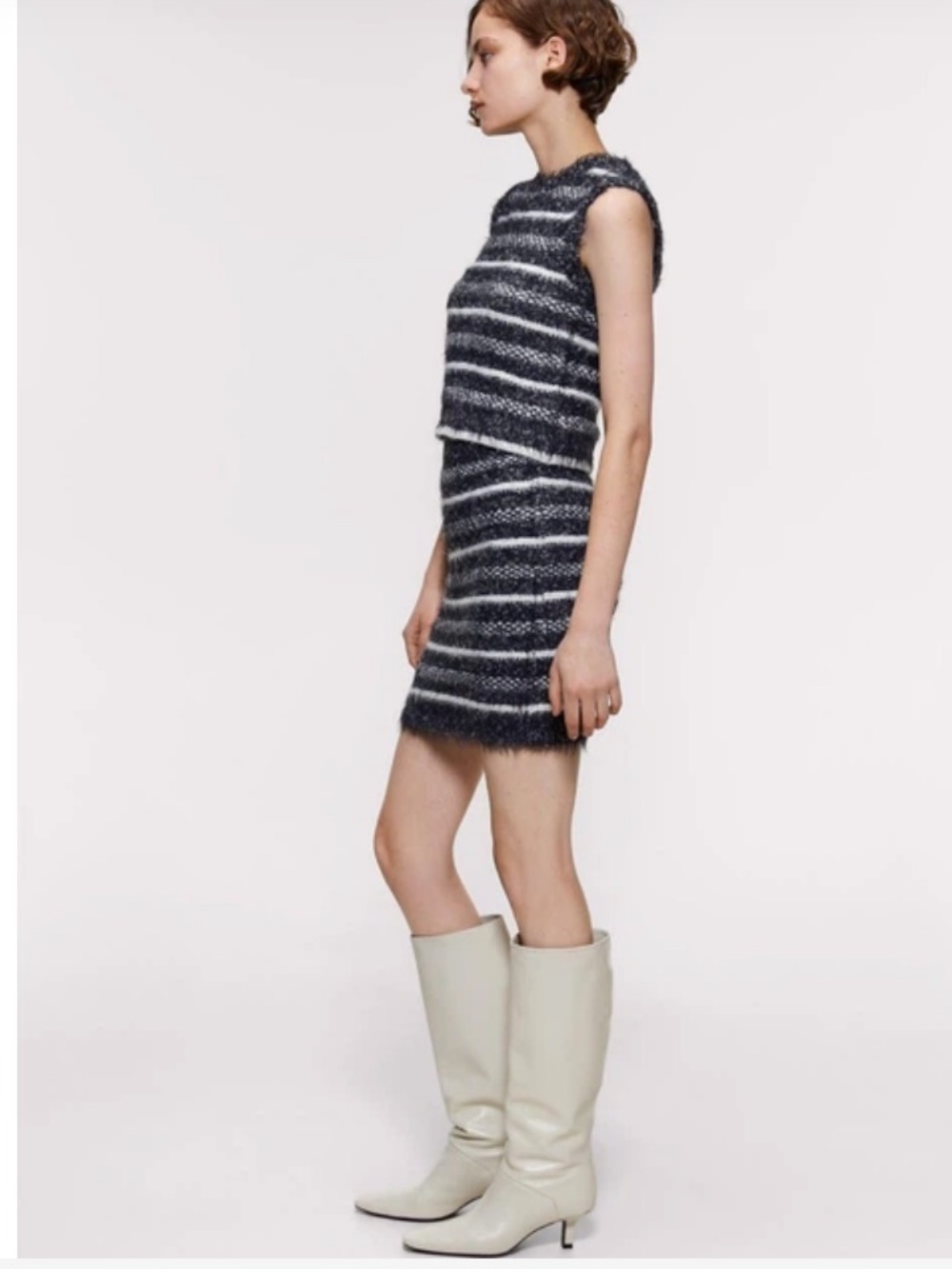 ZARA Black and Cream Striped Fuzzy Knit Sleeveless Sweater